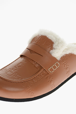 Logoed Leather Slides with Shearling Insole