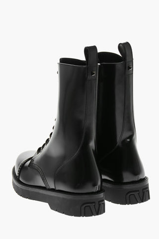 Leather Combat Boots with Zip and Rear Embossed Logo