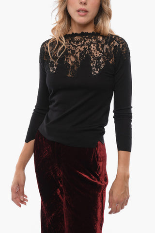 Crew Neck Virgin Wool Sweater with Lace Detail