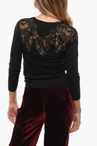 Crew Neck Virgin Wool Sweater with Lace Detail