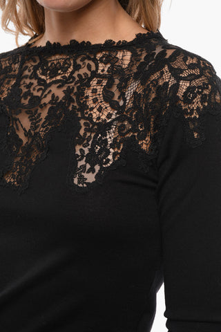 Crew Neck Virgin Wool Sweater with Lace Detail