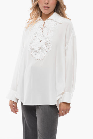 Macramè Insert Silk Blouse with Lace-up Detail