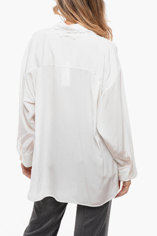 Macramè Insert Silk Blouse with Lace-up Detail