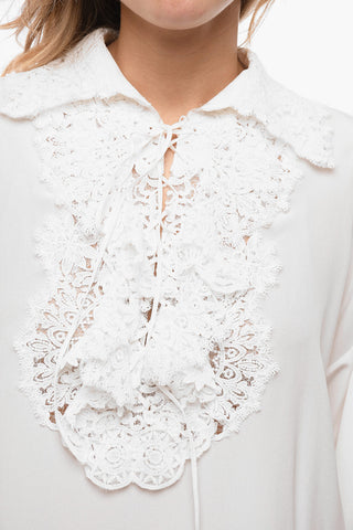 Macramè Insert Silk Blouse with Lace-up Detail