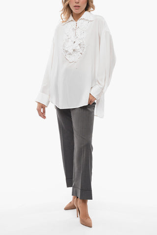 Macramè Insert Silk Blouse with Lace-up Detail