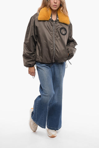 Nylon Unisex Bomber Jacker with Faux-fur Collar