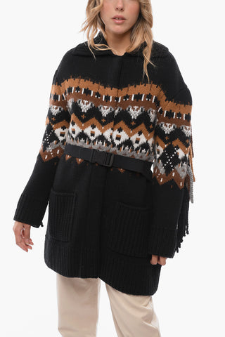 Belted Wool Blend Cardigan with Fringes