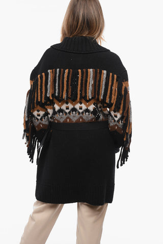 Belted Wool Blend Cardigan with Fringes