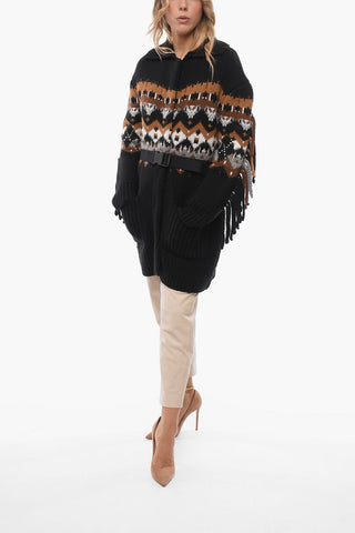 Belted Wool Blend Cardigan with Fringes
