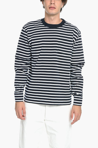 Crew Neck Cotton Sweater with Awning Stripe Pattern