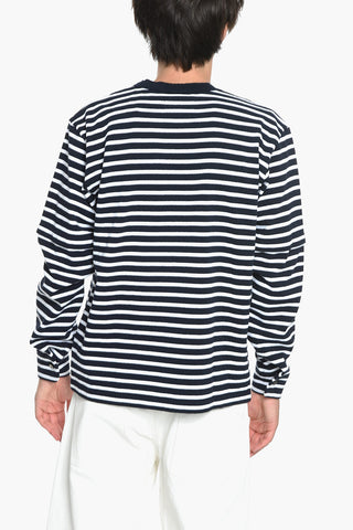 Crew Neck Cotton Sweater with Awning Stripe Pattern