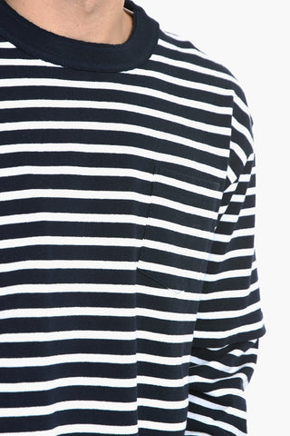 Crew Neck Cotton Sweater with Awning Stripe Pattern