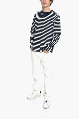 Crew Neck Cotton Sweater with Awning Stripe Pattern