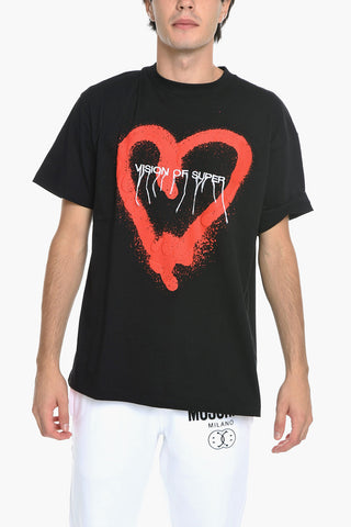 Crew Neck Cotton T-shirt with Embroidered Logo and Print
