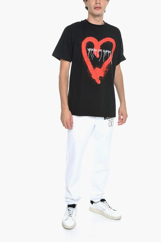 Crew Neck Cotton T-shirt with Embroidered Logo and Print