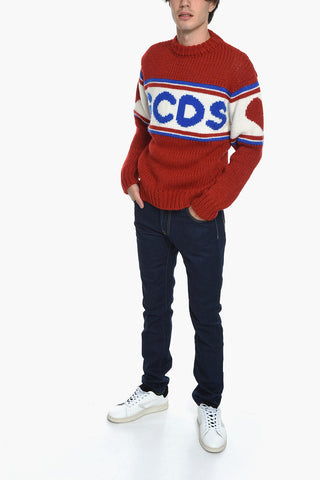Pullover Girocollo in Lana con Logo Jacquard