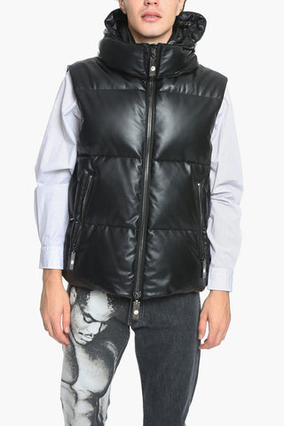 SFERA EBBASTA Sleeveless Faux Leather Down Jacket with Removable Hood