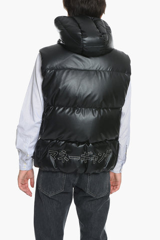SFERA EBBASTA Sleeveless Faux Leather Down Jacket with Removable Hood