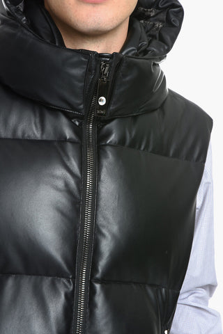 SFERA EBBASTA Sleeveless Faux Leather Down Jacket with Removable Hood