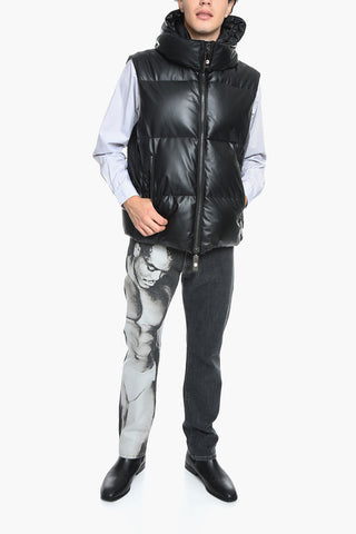 SFERA EBBASTA Sleeveless Faux Leather Down Jacket with Removable Hood