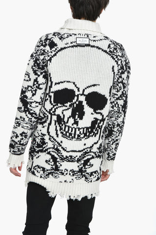 Jacquard Long Cardigan with Back Skull Motif