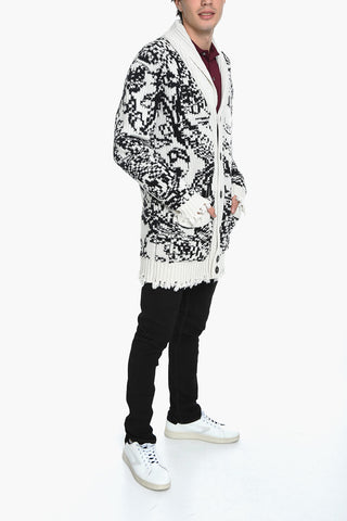 Jacquard Long Cardigan with Back Skull Motif