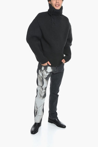 SALON 02 Pullover a Collo Alto in Misto Lana con Bottoni