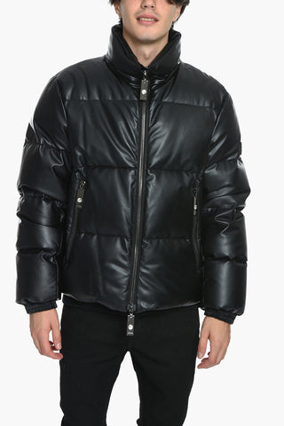 SFERA EBBASTA Solid Color Faux Leather Down Jacket with Crystals Detail 
