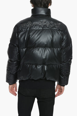 SFERA EBBASTA Solid Color Faux Leather Down Jacket with Crystals Detail 