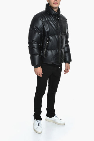 SFERA EBBASTA Solid Color Faux Leather Down Jacket with Crystals Detail 