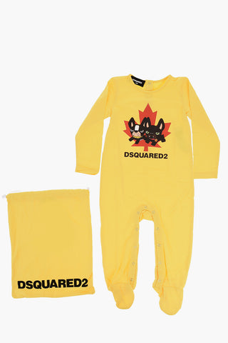 Stretch Cotton Crewneck Romper Suit with Front Print