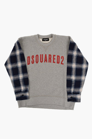 Felpa Girocollo SLOUCH FIT in Cotone Garzato con Manica Motivo Plaid