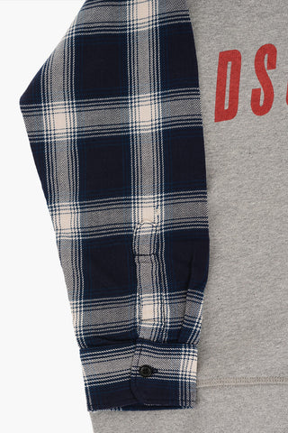 Felpa Girocollo SLOUCH FIT in Cotone Garzato con Manica Motivo Plaid