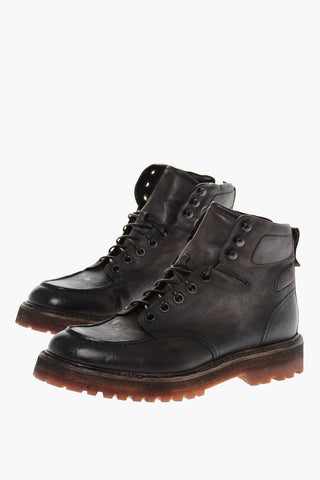 Leather Lace-up Ankle Boots with Distressed Effect