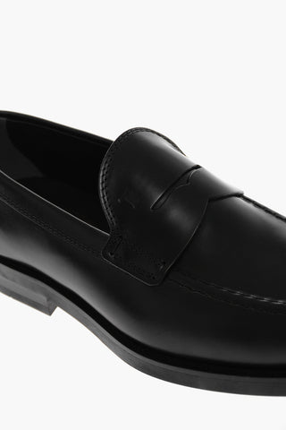 Semi Patent Leather Penny Loafers with Debossed Logo
