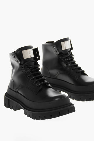 Leather Combat Boots with Logoed Metal Plaque