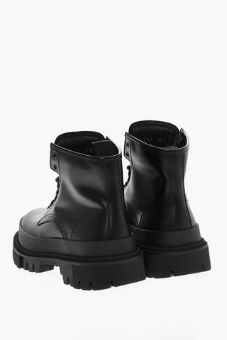 Leather Combat Boots with Logoed Metal Plaque