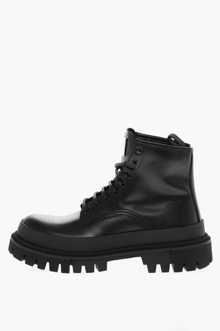 Leather Combat Boots with Logoed Metal Plaque