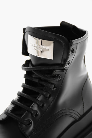 Leather Combat Boots with Logoed Metal Plaque