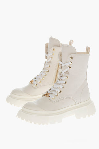 Textured Leather Lace-up Combat Booties