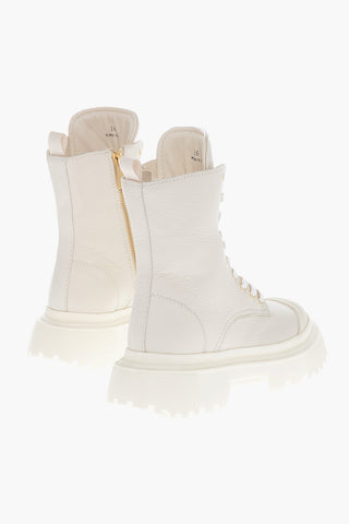 Textured Leather Lace-up Combat Booties