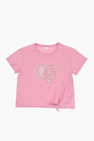 Knot Hem Crew-neck T-Shirt with Printed Heart-Shaped Logo