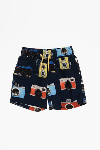 2 Pockets Swim Shorts with All Over Camera Print