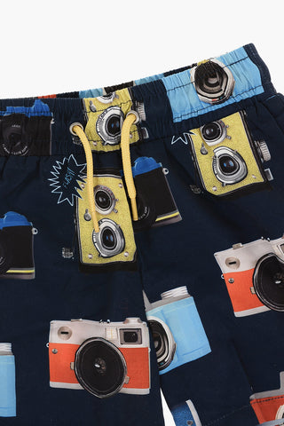 2 Pockets Swim Shorts with All Over Camera Print