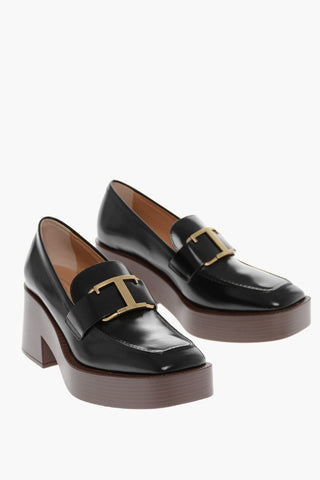 Leather Platform Loafers with Wood Heel 8cm