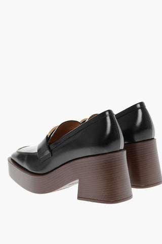 Leather Platform Loafers with Wood Heel 8cm