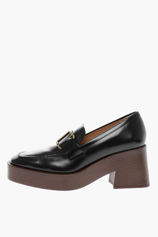 Leather Platform Loafers with Wood Heel 8cm