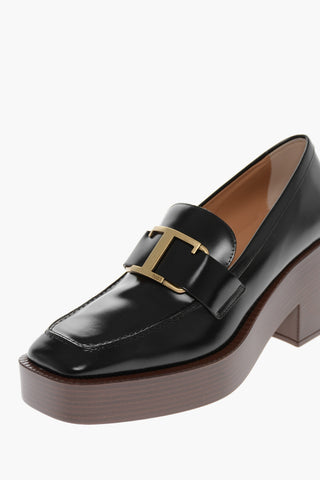 Leather Platform Loafers with Wood Heel 8cm
