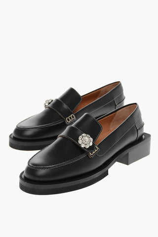 Squared Heel Leather Loafers with Jewel Detail 4cm