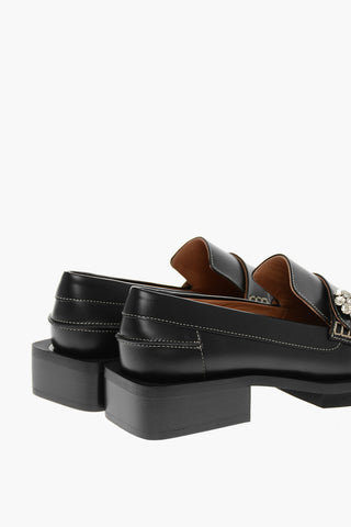 Squared Heel Leather Loafers with Jewel Detail 4cm